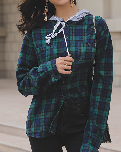 Contrast Plaid Pocket Hooded Drawstring Sweatshirt