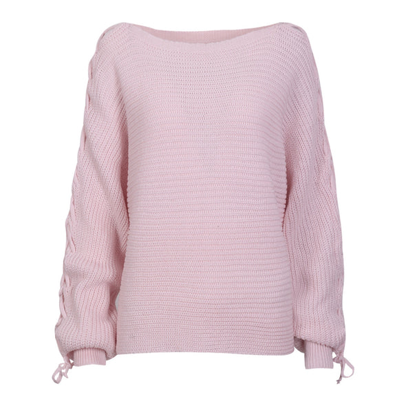 Simple Solid Sleeve Bandage Slash-Neck Knitting Sweater