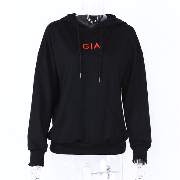 Casual Letter Embroidery Hooded Cotton Sweatshirt