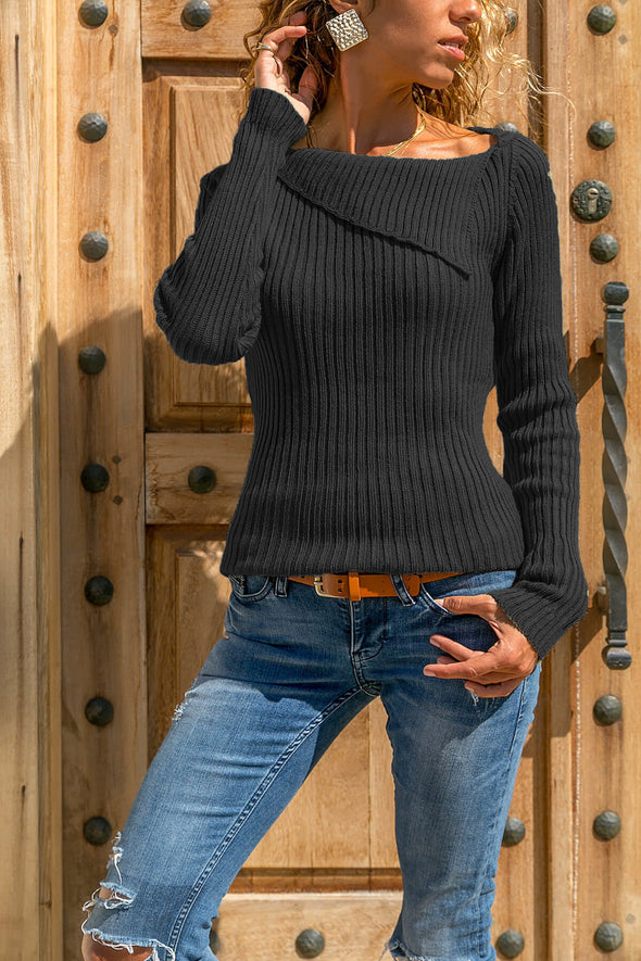 Fashion Solid Turn-Down Collar Long Sleeve Sweater