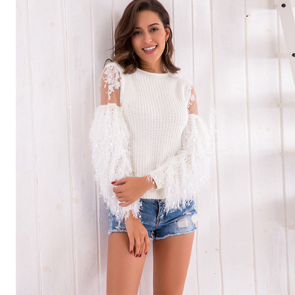 Fashion Tassel Patchwork  Round Neck Sweaters