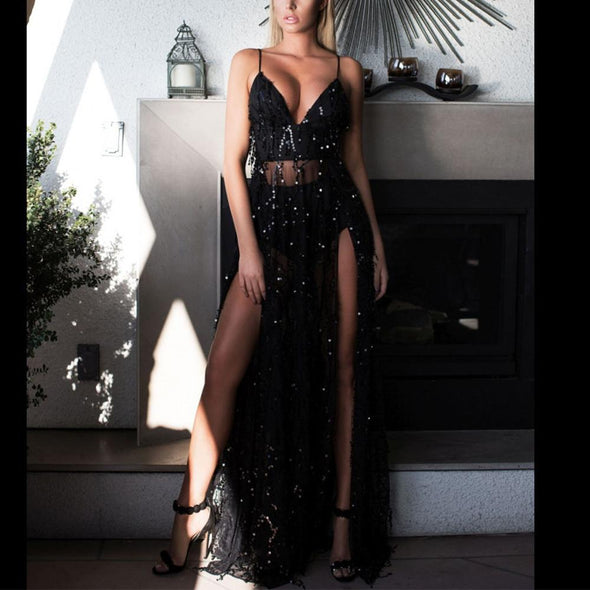 Sequins V-Collar Sexy Backless Sling Split Evening Dress