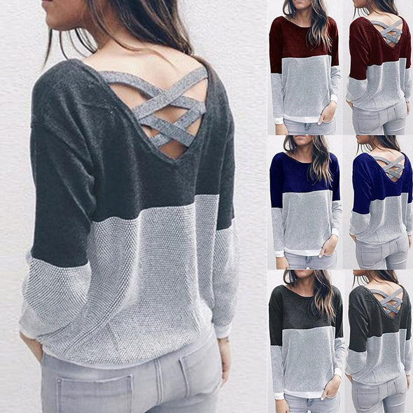 Round Neck Cross Hollow Out V Neck Color Block Two Way Knitting Sweaters