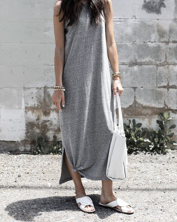 Simple Solid Sleeveless Hem Split Cotton Maxi Dress