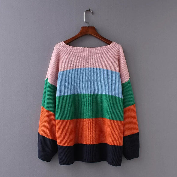 V-Neck Color Stripe Stitching Loose Sweater