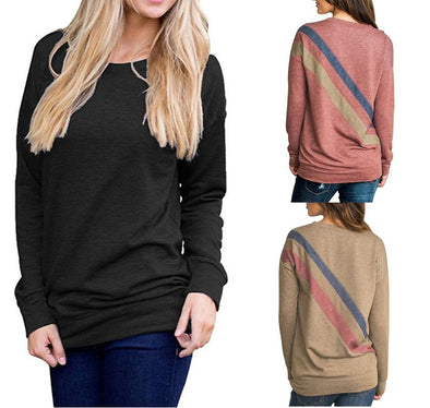 New O-Neck Bat Long Sleeve Contrast Color Stitching T-Shirt