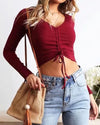 New Drawstring V-neck Short Long Sleeve Sweater