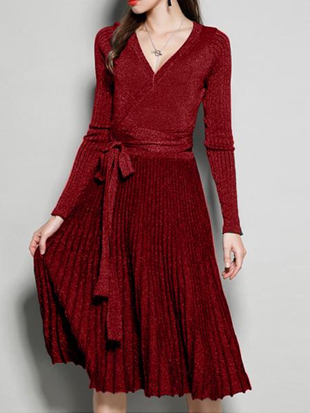 Women's New V-Neck Long Sleeve Knit Silk Pleated Dress