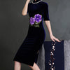 Women's Long Sleeve Embroidered Gold Velvet Evening Dress