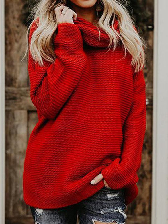 Thick Line Long Sleeve High Neck Pullover Knit Sweater