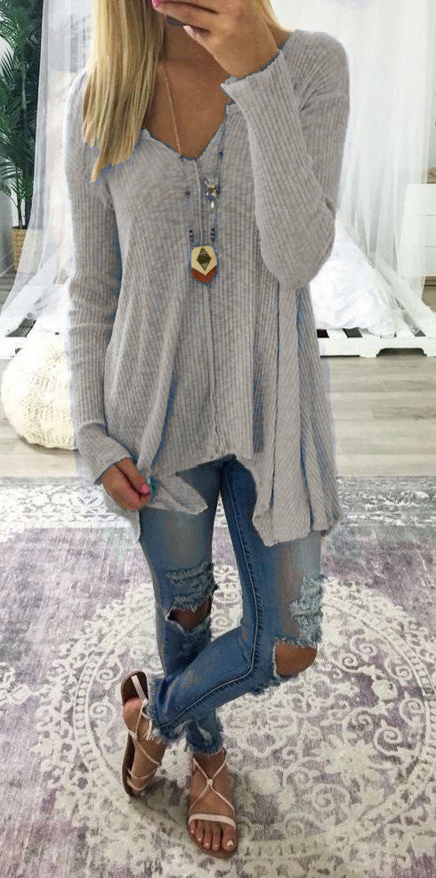 Loose Long Sleeve V-Neck Sweater