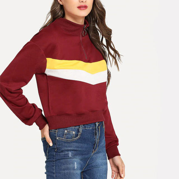 Patchwork Color Stand Collar Loose Sweatshirts