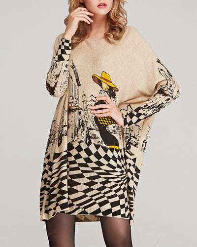 Loose Printed O-Neck Long Sleeve Sweater