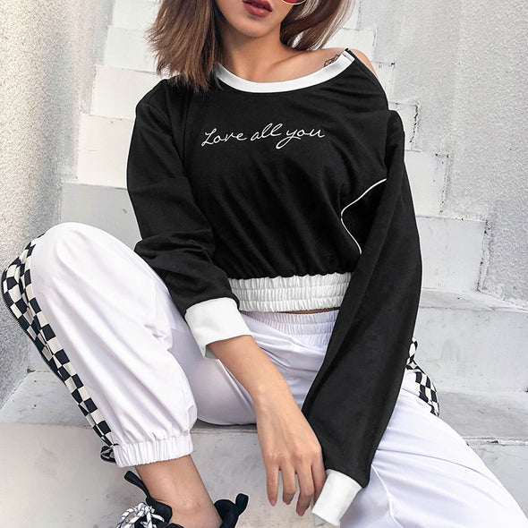 Off-The-Shoulder Zip-Embroidered Long-Sleeved Sweatshirt