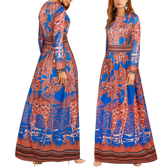 Fashion O-Neck Long-Sleeved Printed Dress