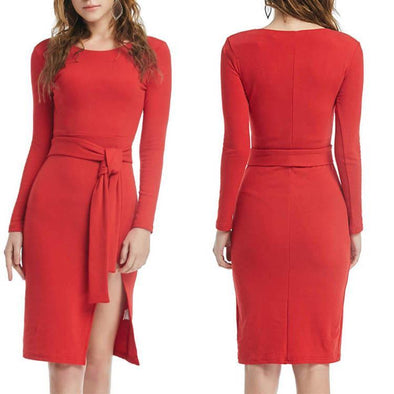 Autumn And Winter Pure Color Round Collar Long Sleeve Split Bodycon Dress