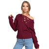 Fashion Solid V-Neck Off Shoulder Bandage Pullover Sweater