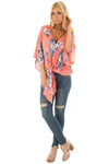 Women's V-neck knotted trumpet sleeve printed chiffon shirt