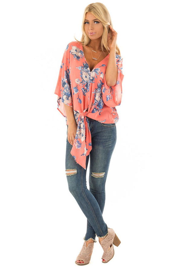 Women's V-neck knotted trumpet sleeve printed chiffon shirt