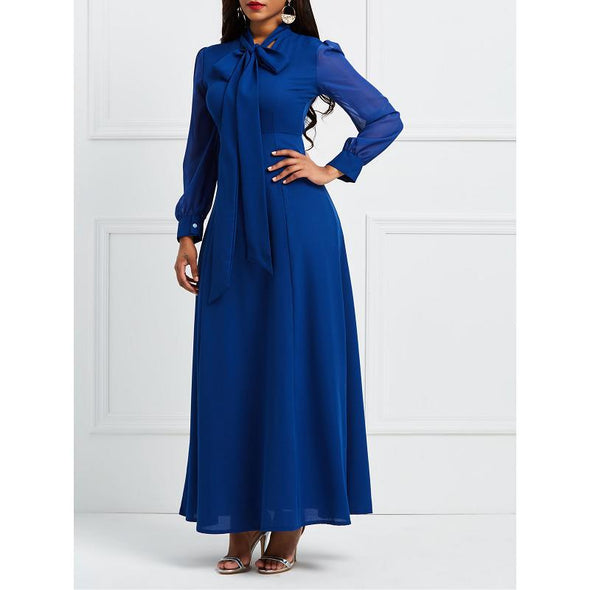 New Long Sleeve Bow Tie Maxi Dress