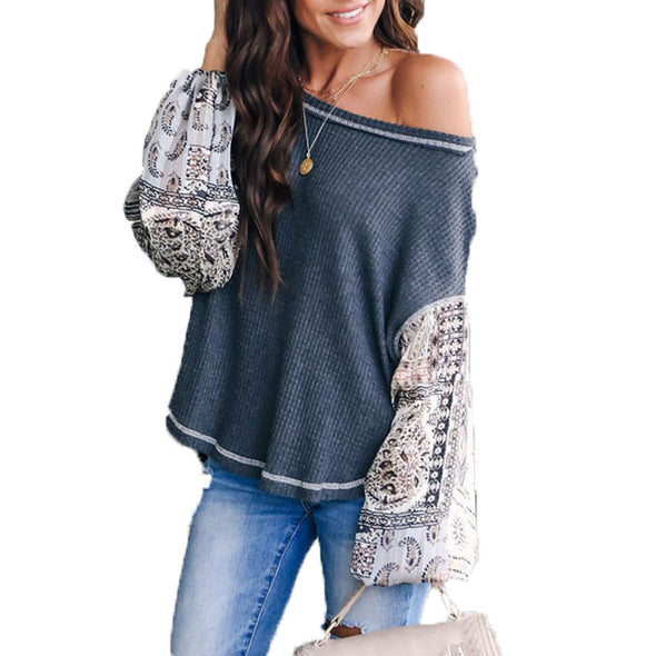 Printed Lantern Sleeve Paneled Knit Sweater