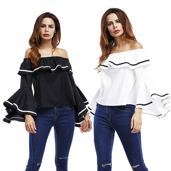 Women's off-the-shoulder collar trumpet sleeve T-shirt