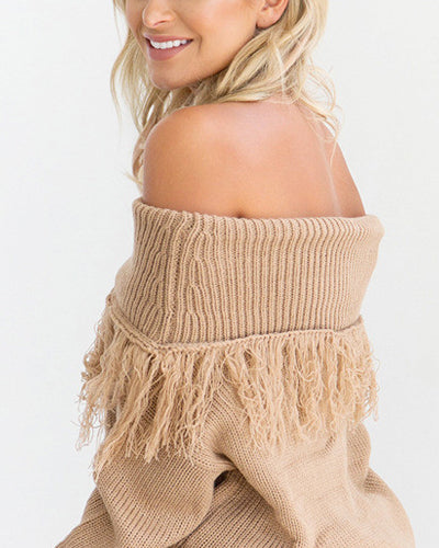 One-Neck Tassel Long-Sleeved Sweater