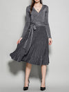 Women's New V-Neck Long Sleeve Knit Silk Pleated Dress