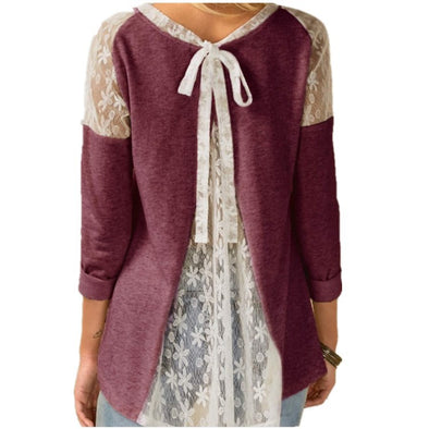 Lace Panel Long Sleeve Bow Shirt