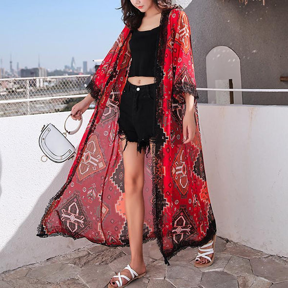 Women's Chiffon Lace Splice Long Suntan Cardigan