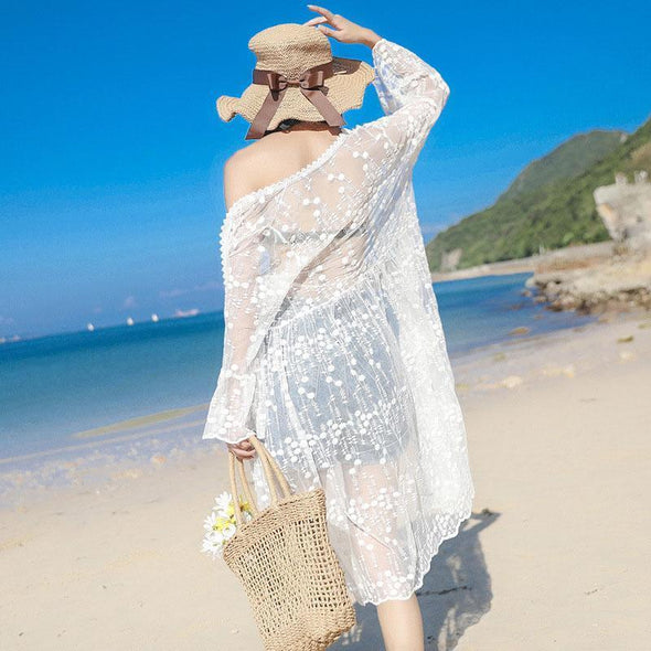 Women's Hundreds Of Lace Embroidery Medium And Long Suntan Cardigan