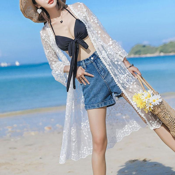 Women's Hundreds Of Lace Embroidery Medium And Long Suntan Cardigan