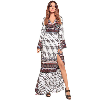 2022 Floral Print  Sexy V Neck High Split Flare Sleeve Summer Maxi Boho Dresses