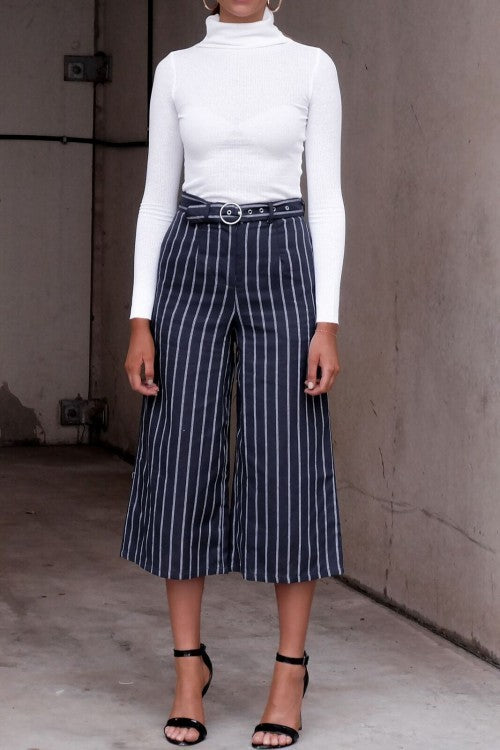 Women casual loose blue striped wide leg pants