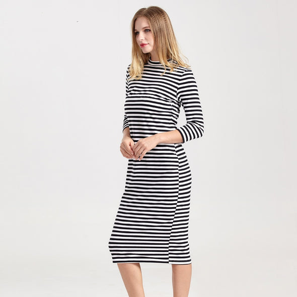 Breastfeeding Nursing Dress Full Sleeve Striped Thick Maternity Dress