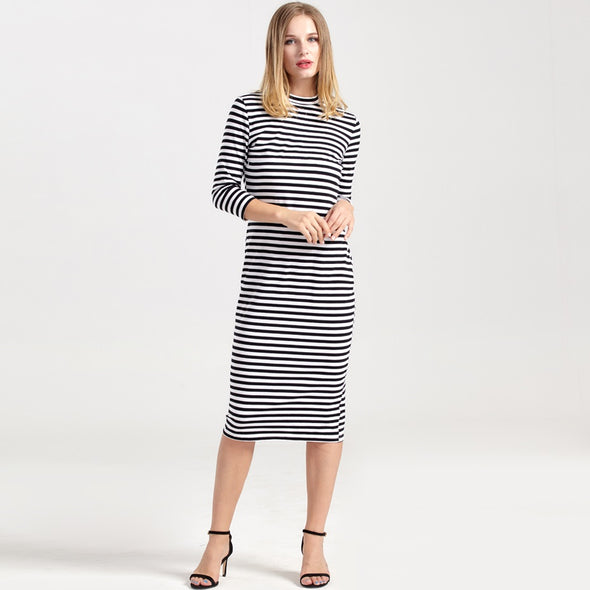 Breastfeeding Nursing Dress Full Sleeve Striped Thick Maternity Dress