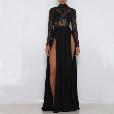 Fashion Sexy High-Necked Long-Sleeved Sequin Split Dress