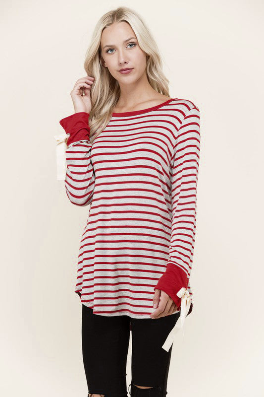 Women's striped round neck slim cuffs tie long shirt