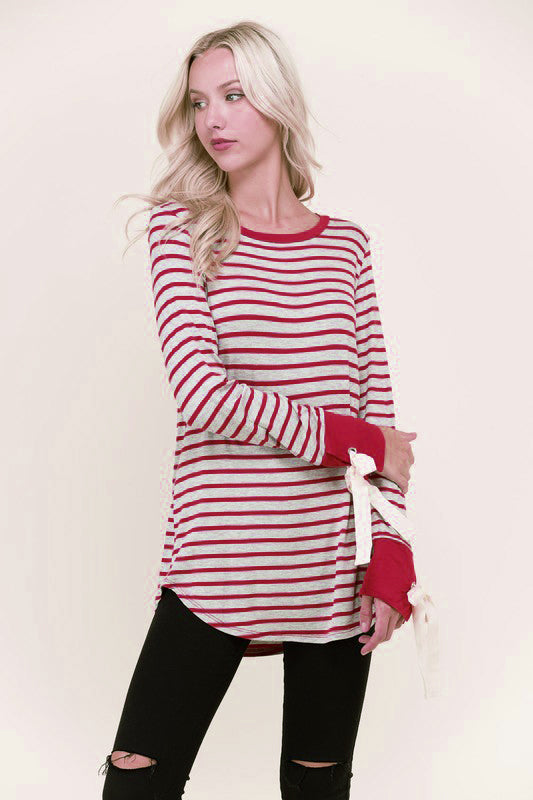 Women's striped round neck slim cuffs tie long shirt