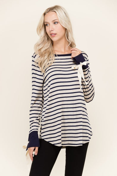 Women's striped round neck slim cuffs tie long shirt