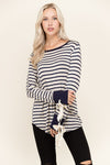 Women's striped round neck slim cuffs tie long shirt