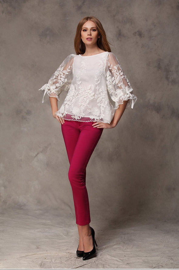 Chiffon Lantern Sleeve Embroidery Lace Blouses