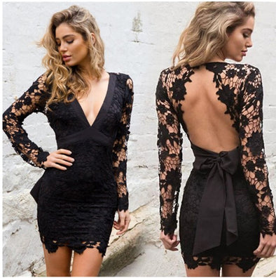 Lace Deep V-Neck Backless Hollow Out Bodycon Dress