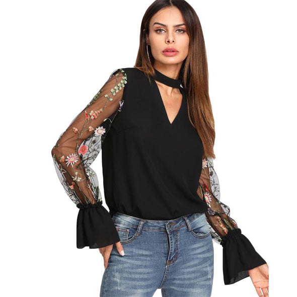 Bell sleeve Floral V neck Openwork Patchwork Embroidery Blouses