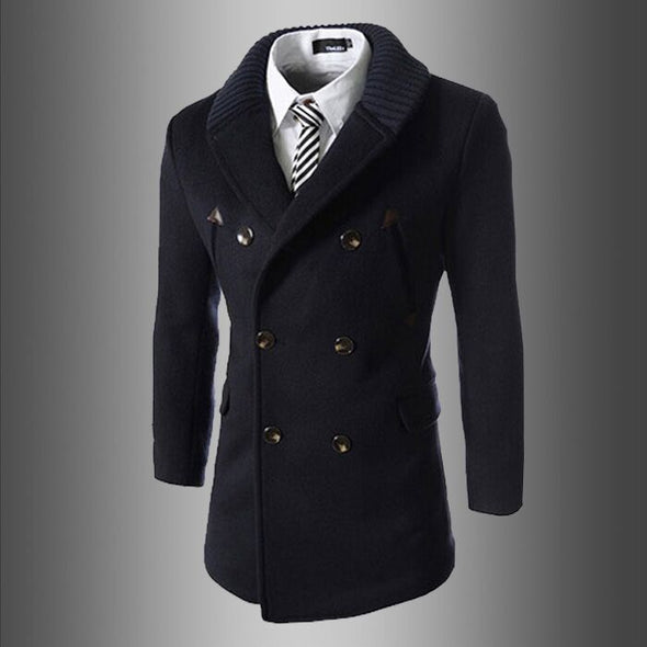 New Knit Collar Stitching Men's Slim Mid-length Woolen Coat