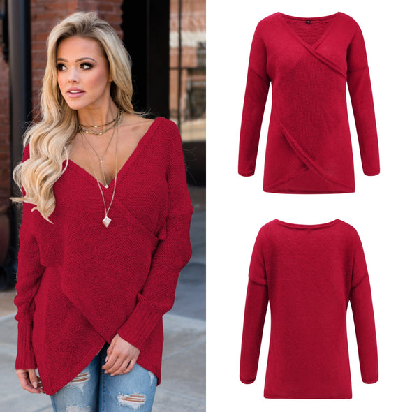 Sexy Deep V-Neck Long Sleeve Irregular Sweater