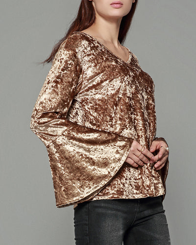 Velvet Flared Long Sleeve Halter T-Shirt