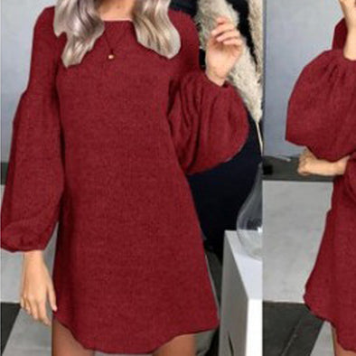 New Solid Color O-Neck Puff Sleeve Sweater