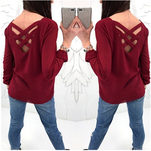 Women's V-neck zipper solid color long-sleeved chiffon shirt