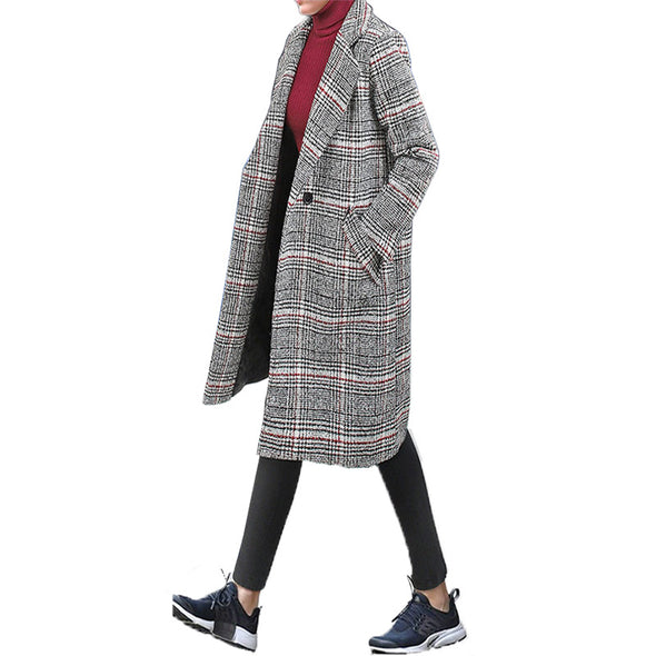 Fashion Plaid Double-breasted Long Sleeve Woolen Coat